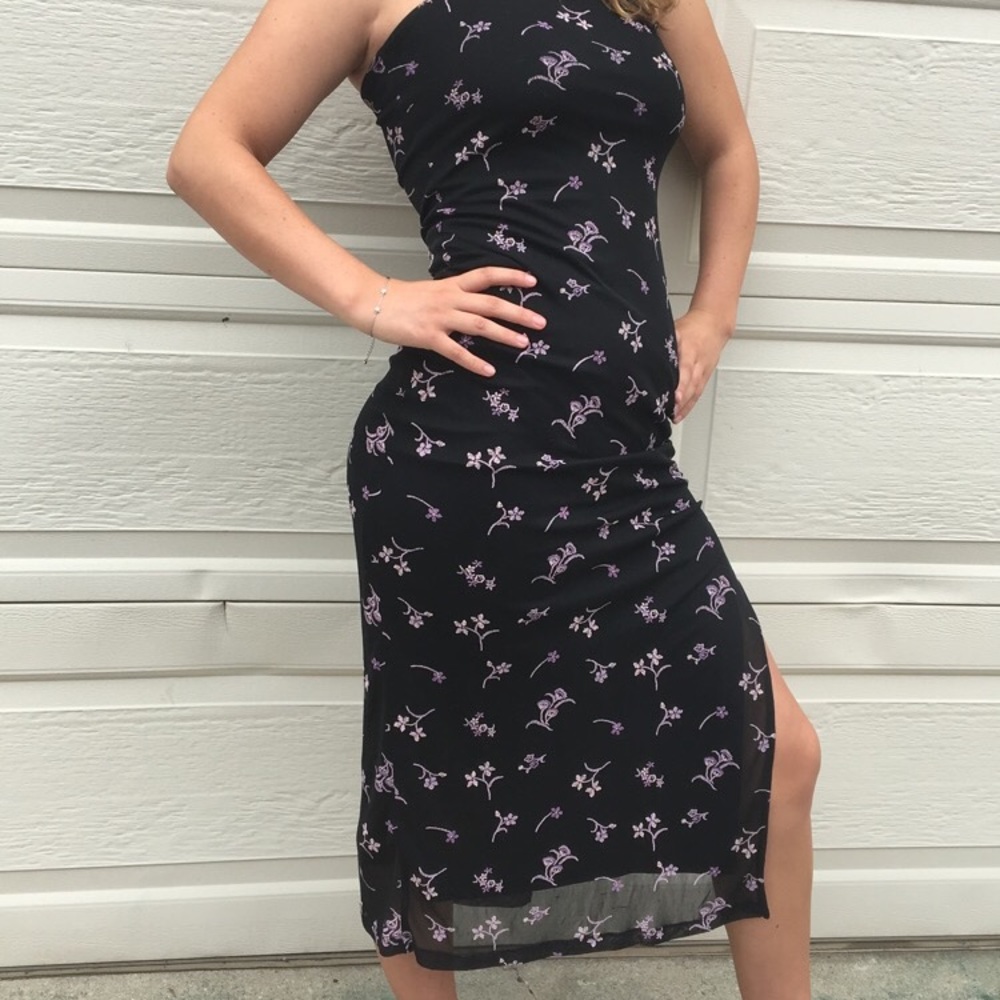 Black and violet flower prom dress